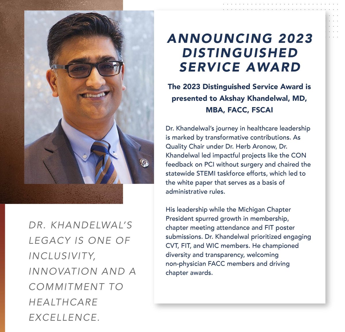 Michigan Chapter ACC (@michiganacc) on Twitter photo Announcing the <a href="/MichiganACC/">Michigan Chapter ACC</a> 2023 Distinguished Service Award presented to <a href="/KhandelwalMD/">Akshay Khandelwal MD MBA</a>
His legacy is one of inclusivity, innovation & commitment to healthcare excellence
Join us 9/23-24 in Traverse City to celebrate his ongoing contributions to the field of 🫀<a href="/ACCinTouch/">American College of Cardiology</a> Announcing the <a href="/MichiganACC/">Michigan Chapter ACC</a> 2023 Distinguished Service Award presented to <a href="/KhandelwalMD/">Akshay Khandelwal MD MBA</a>
His legacy is one of inclusivity, innovation & commitment to healthcare excellence
Join us 9/23-24 in Traverse City to celebrate his ongoing contributions to the field of 🫀<a href="/ACCinTouch/">American College of Cardiology</a>