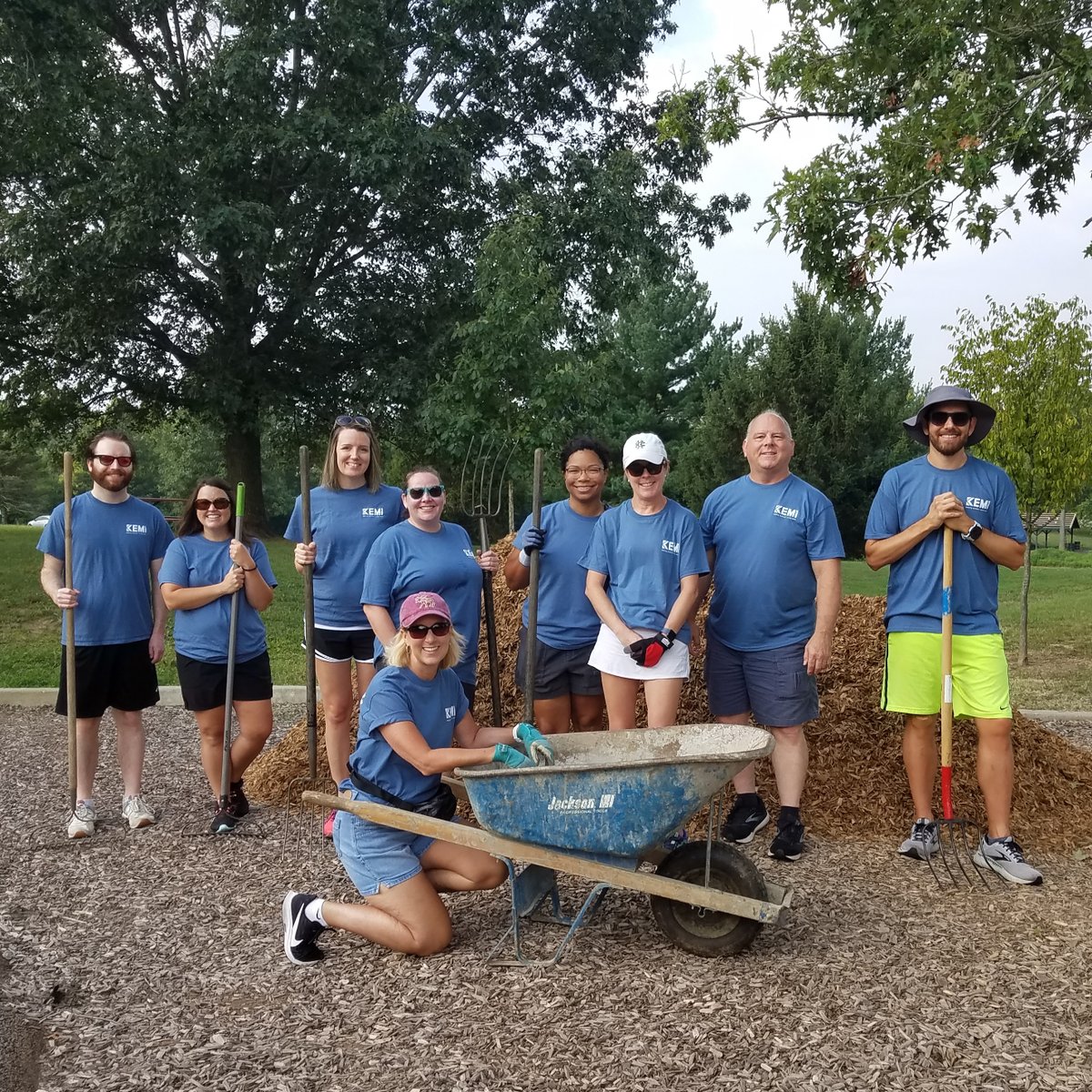 Work hard, play hard! Several members from KEMI's Strategy, Innovation, and Marketing (SIM) team volunteered with @lexkyparks by spreading mulch at Shilito Park to freshen up the playground and help keep kids safe. #worksafe #serveothers