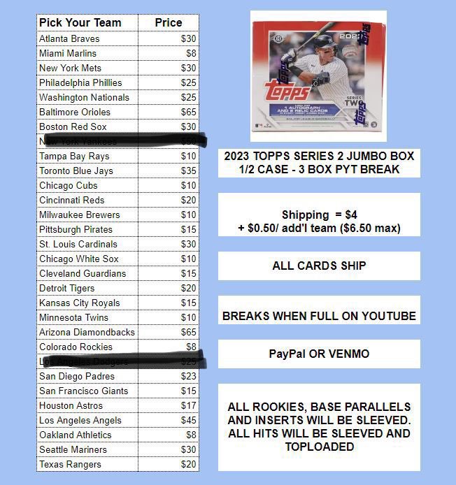 ripcurrentcards's tweet image. 2023 Topps Series 2 Jumbo 1/2 case break; 3 - boxes. Comment or dm to claim your team(s). Pick your team. Breaks when full. A few teams have been claimed. See image for details. #thehobby #topps #casebreak #teambreak #boxbreak #break #baseballcards #tradingcards #sportscards