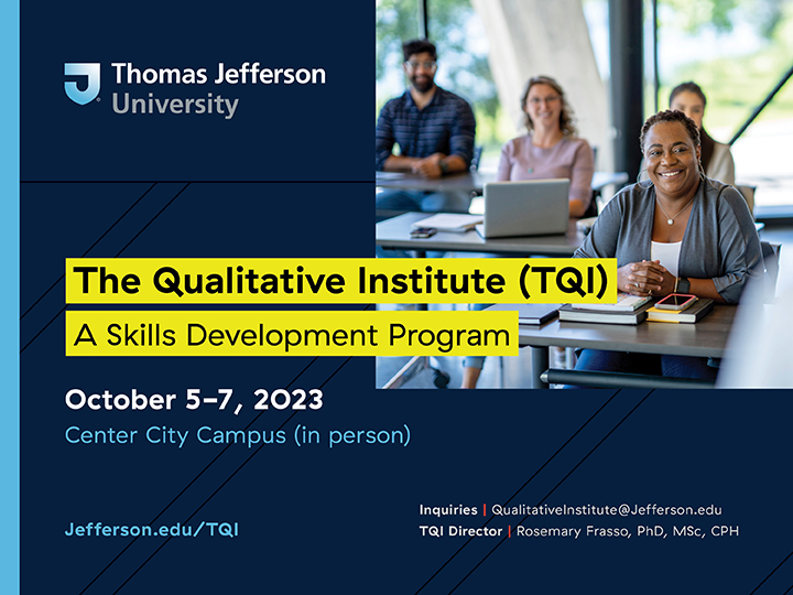 Rosie Frasso (@frasso_rosemary) on Twitter photo The Qualitative Institute -- TQI
Come and learn about qualitative research from experts at CHOP, Penn, Temple, Jefferson and Vanderbilt <a href="/TempleCPH/">Temple Public Health</a> @CHOP <a href="/JeffersonUniv/">Thomas Jefferson University</a> <a href="/JeffersonJCPH/">Population Health</a> <a href="/ResearchAtJeff/">Jefferson Research</a> <a href="/PennPubHealth/">Penn Public Health</a> check out jefferson.edu/TQI The Qualitative Institute -- TQI
Come and learn about qualitative research from experts at CHOP, Penn, Temple, Jefferson and Vanderbilt <a href="/TempleCPH/">Temple Public Health</a> @CHOP <a href="/JeffersonUniv/">Thomas Jefferson University</a> <a href="/JeffersonJCPH/">Population Health</a> <a href="/ResearchAtJeff/">Jefferson Research</a> <a href="/PennPubHealth/">Penn Public Health</a> check out jefferson.edu/TQI