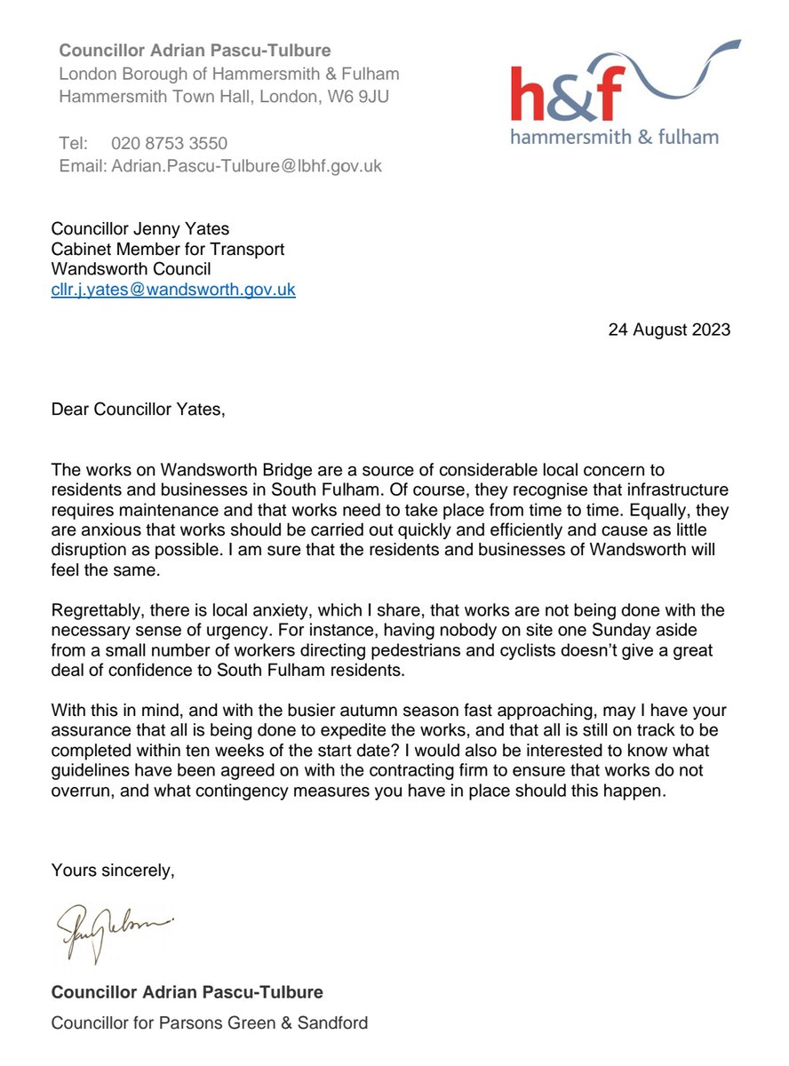 APascuTulbure's tweet photo. I've written to Wandsworth to check in on the ongoing works and to encourage them to be expedited. The sooner the bridge is opened, the sooner we can get back to business.

Something our Labour administration has been intensely relaxed about, once more letting the community down. https://t.co/qDLY9DC7Gn
