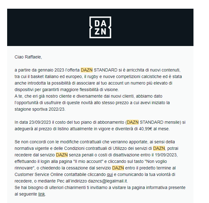 sadvino's tweet photo. @DAZN_HELP_ITA perché oggi 24/08/2023 mi avete addebitato 37,02 euro invece di 29,99 per il mio piano quando secondo vostre indicazioni nella mail che allego nel post, un eventuale aumento a 40,99 doveva avvenire al 23/09/2023? Esigo un rimborso immediato https://t.co/YpD8vQuFVK