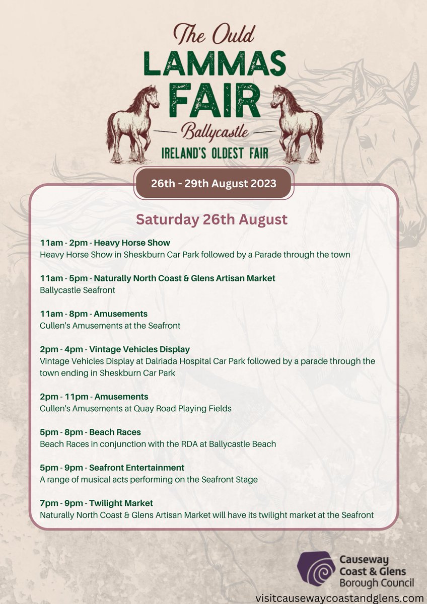 EventsCauseway's tweet photo. Lammas Fair 2023 is here! 🐴
Get ready for an exciting 4 days of fun, stalls, animals and banter on the streets of Ballycastle!
Here is what is happening in the town today! 🤩
#LammasFair #ballycastle #ccgbc #visitcauseway https://t.co/ryGjxPBKrw