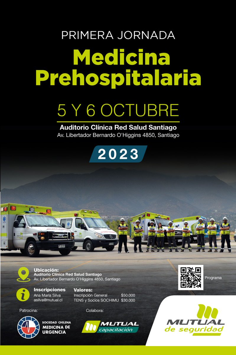 SOCHIMU (@sochimu) on Twitter photo Primera Jornada de Medicina prehospitalaria.
¡Reserva el 5 y 6 de octubre! 📅Inscripciones: asilva@mutual.cl Primera Jornada de Medicina prehospitalaria.
¡Reserva el 5 y 6 de octubre! 📅Inscripciones: asilva@mutual.cl