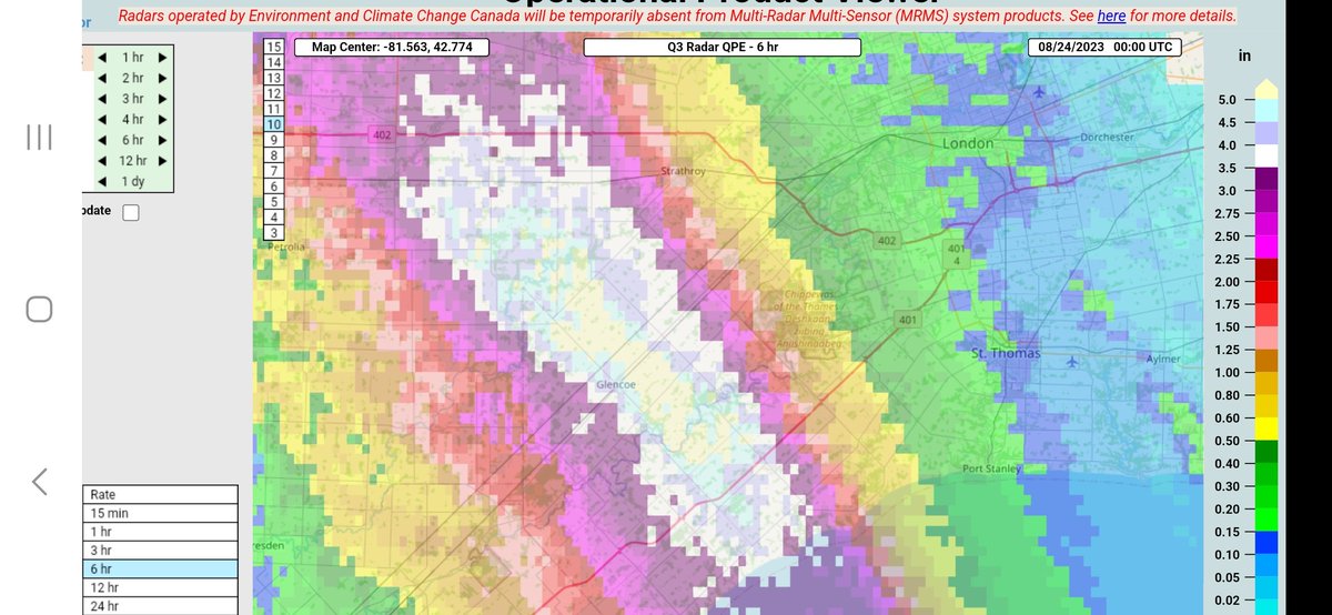 @robsobs @dave_sills @ONwxchaser @StormhunterTWN @AnthonyFarnell @CAlexMasse @SCRCA_water @stormwx1 Also significant areas west of London and centered on Glencoe experienced a 1 in 50 yr 6 hr rainfall event (within white area) yesterday with some seeing a 1 in 100 yr 6 hr storm ( within purple area)..