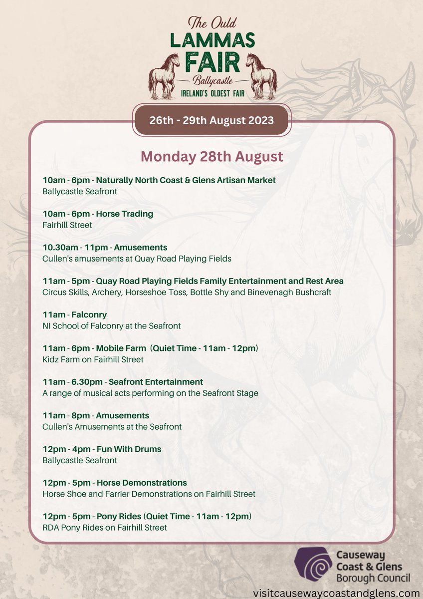 EventsCauseway's tweet photo. Lammas Fair 2023 🐴

Day 3 of the fair and here are details of what can be found in the town today! 😄
Are you coming down?

#LammasFair #ballycastle #ccgbc #visitcauseway https://t.co/3alujCstiy