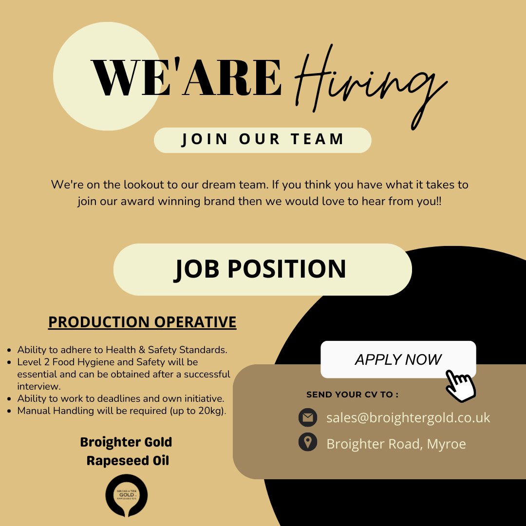 𝕁𝕠𝕓 𝕍𝕒𝕔𝕒𝕟𝕔𝕪📣 We are currently seeking a hardworking, enthusiastic individual to join our team here at Broighter Gold. The job position available is a 𝑷𝒓𝒐𝒅𝒖𝒄𝒕𝒊𝒐𝒏 𝑶𝒑𝒆𝒓𝒂𝒕𝒊𝒗𝒆.💛 Full job description on Indeed & JobApplyNI😃 🖥 sales@broightergold.co.uk