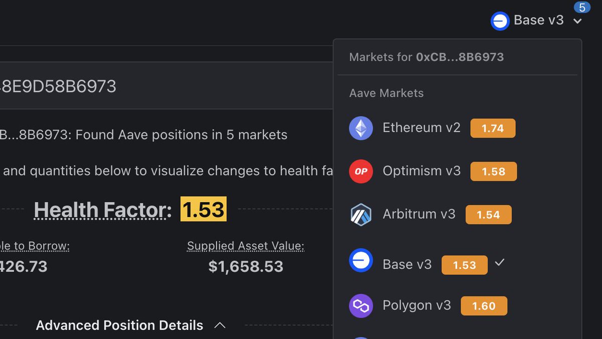 The new @AaveAave @BuildOnBase market is live on DeFi Simulator! 

Simulate changes to any Base Aave position, including adding/removing assets, price fluctuations, and get real time asset price liquidation scenarios!

Example Base address: defisim.xyz/?address=0xCBb…

Just select