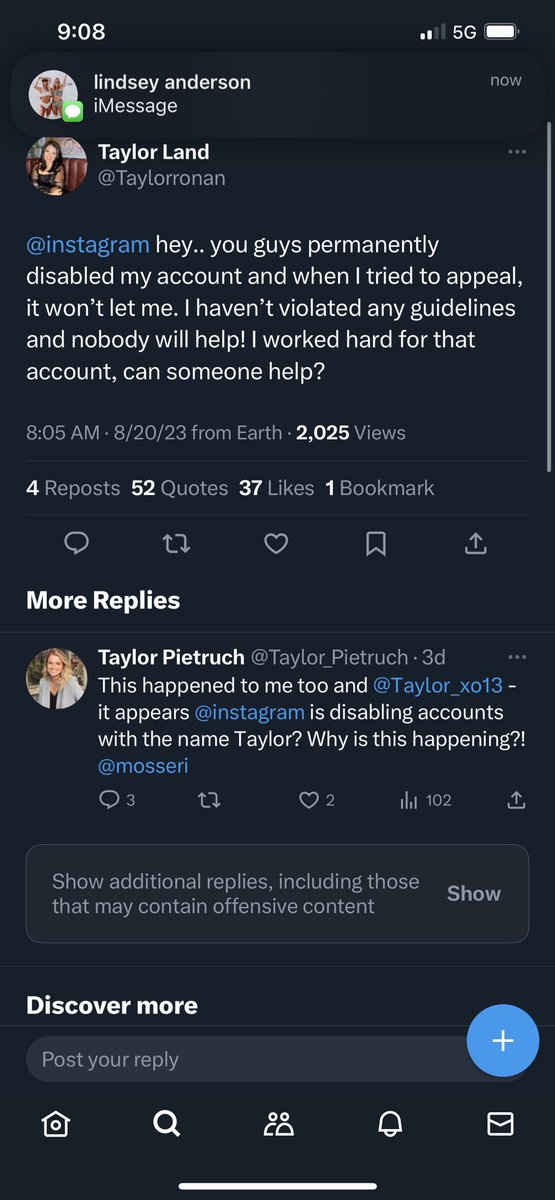 taylorvancee's tweet photo. @mosseri @Meta @instagram give the taylors their accounts back?? I’m literally a social media manager 😭😭😭 https://t.co/FeksM7xONr