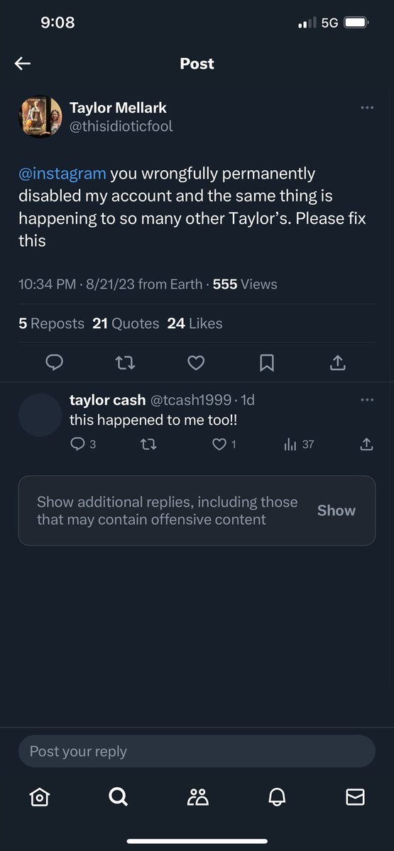 taylorvancee's tweet photo. @mosseri @Meta @instagram give the taylors their accounts back?? I’m literally a social media manager 😭😭😭 https://t.co/FeksM7xONr