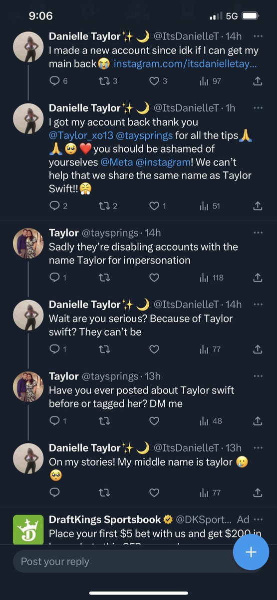 taylorvancee's tweet photo. @mosseri @Meta @instagram give the taylors their accounts back?? I’m literally a social media manager 😭😭😭 https://t.co/FeksM7xONr
