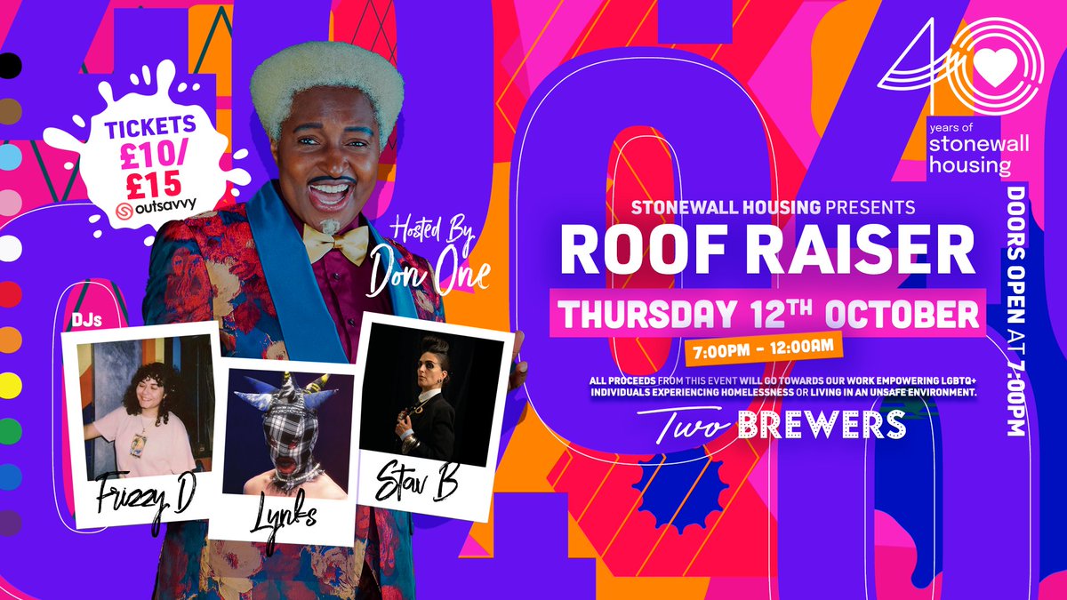 Stonewallhousin's tweet photo. Get ready to celebrate in style as we mark the 40th anniversary of Stonewall Housing. 🌈 Join us at the legendary Two Brewers in Clapham for a night of epic entertainment. There'll be dazzling drag kings, sensational DJs, and non-stop dancing. https://t.co/42jSW1Iic5 https://t.co/MI4jKmMPdd