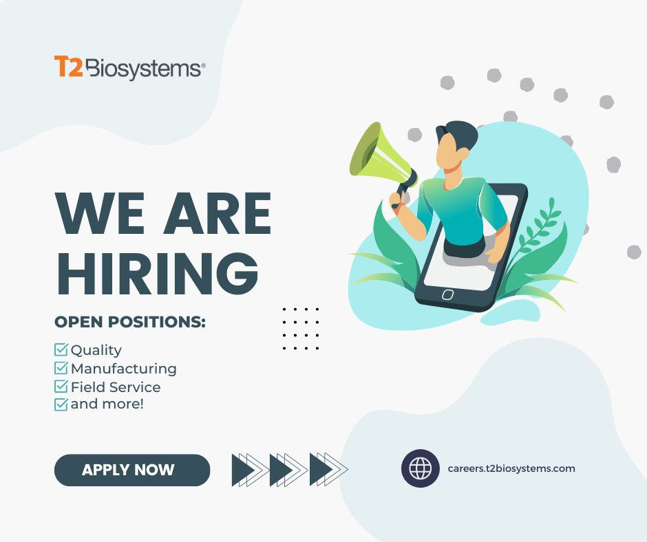 T2Bio's tweet photo. 🎉Our team is expanding! At T2, we are creating life-saving diagnostics and are driven to make a difference. Apply today for one of our open positions ➡️ https://t.co/ZgSmMWmXOh #careers #hiring #team https://t.co/tmtae71Rk3