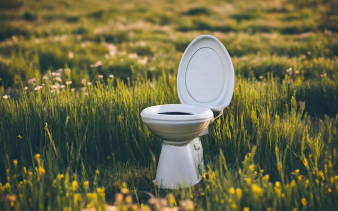 A toilet seat sits open in the grass field