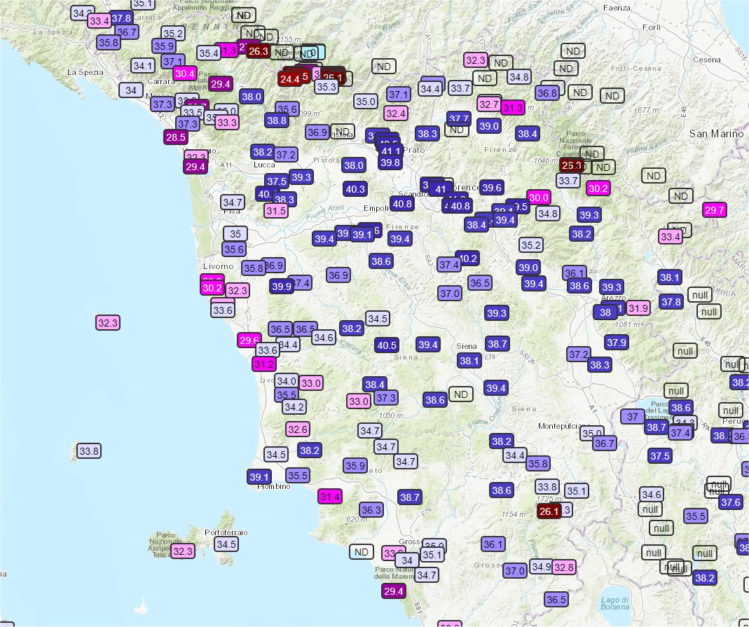 #toscana #meteo anche oggi giornata caldissima con temperature massime fino a 40-42 gradi sulle pianure interne. Domani lieve calo termico (1-2 gradi), ma la vera diminuzione si avrà lunedì con l'ingresso di una perturbazione con temporali anche forti.