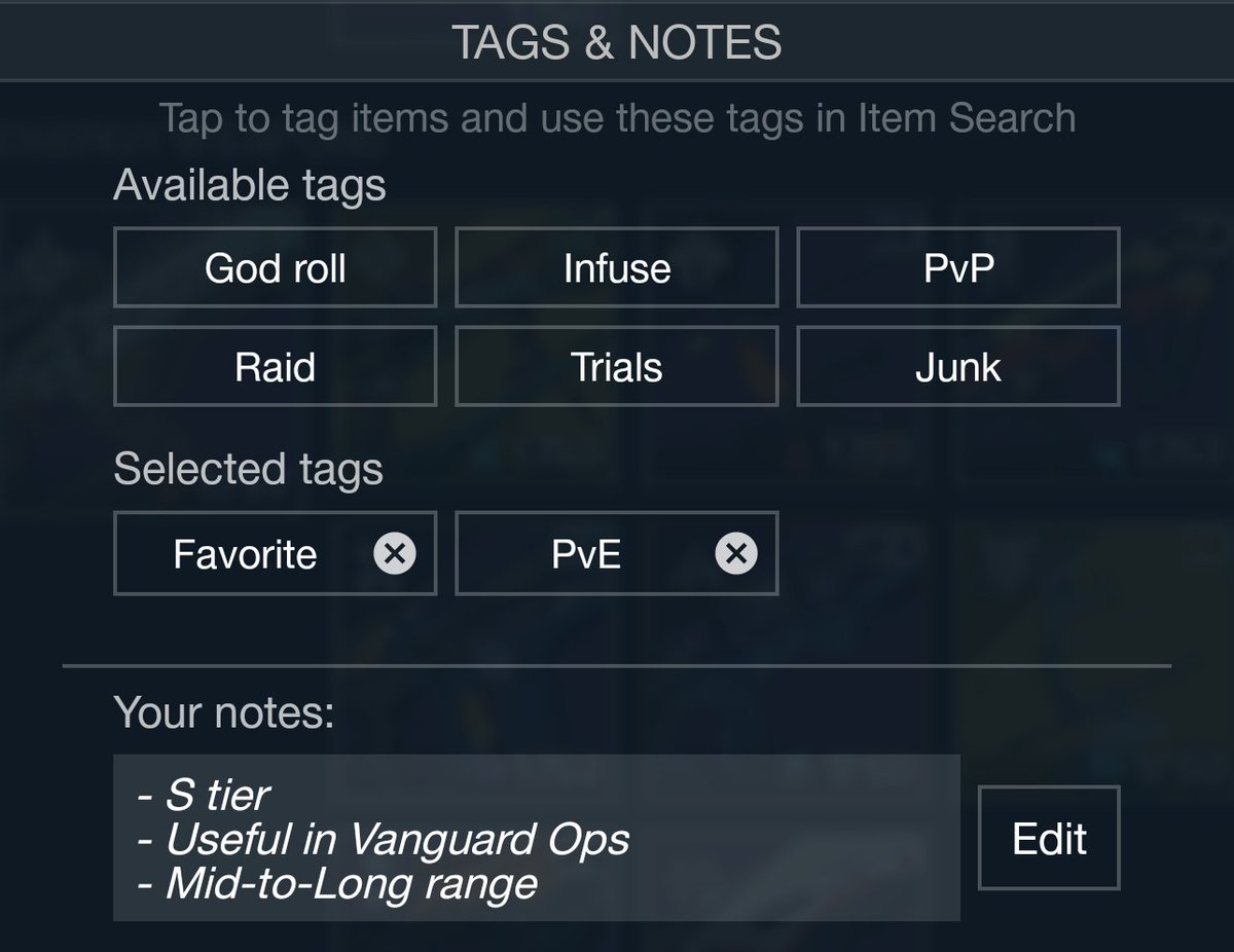 Vault_Destiny's tweet photo. - Item Notes
You can now add custom notes to items.
Also, you can type "notes" to search for all items with notes or "notes with:" to find items with a specific keyword in their notes. E.g. type "notes with: s tier" to search for items which have "s tier" keyword in their notes. https://t.co/0LQfyZWWvE