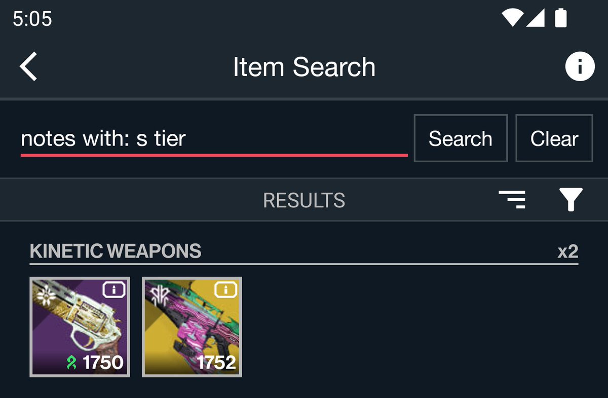 Vault_Destiny's tweet photo. - Item Notes
You can now add custom notes to items.
Also, you can type "notes" to search for all items with notes or "notes with:" to find items with a specific keyword in their notes. E.g. type "notes with: s tier" to search for items which have "s tier" keyword in their notes. https://t.co/0LQfyZWWvE