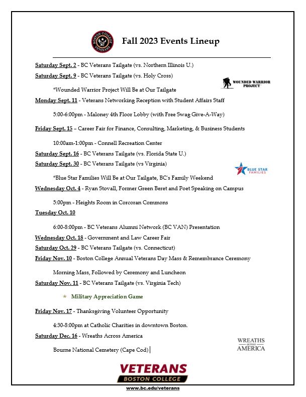 BC_Vets's tweet photo. Boston College Veterans Fall Lineup of Events.  All are welcome to join us on campus for any of these throughout the semester.  #veterans #studentveterans #veterantransition #veterannetworking https://t.co/1ba81XvwVE