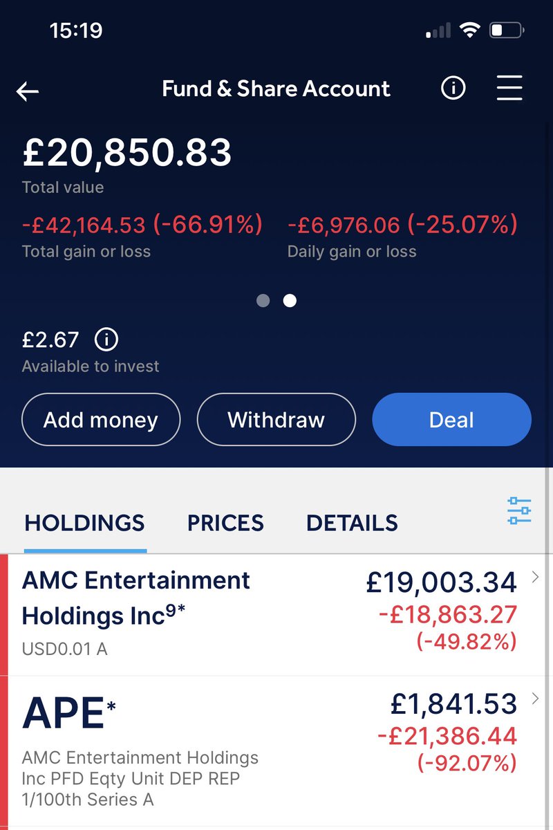StockBhoy's tweet photo. @AMC $AMC
My stock account in the UK is showing nearly 750% increase in the value of AMC post split. 

My 1651 AMC stocks were worth approx £2500 around 30 mins ago and I am now over £19000??? https://t.co/RbSq0XsjzC