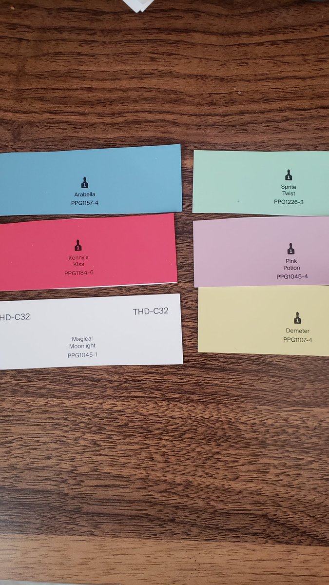 LennoxGreyson's tweet photo. I'm working on a project for my daughter and got some paint cards. Whoever names these colors has a bit of explaining to do. Whoever Kenny was has left an impression on you. Also I have to say pink potion wasn't  named correctly according to me a book #reader and #writer. https://t.co/F6nP6nqGty