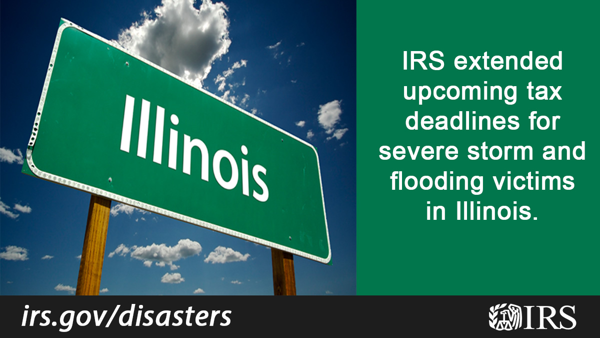IRSsmallbiz's tweet photo. #IRS grants tax relief to victims of the severe storm and flooding in parts of Illinois. Taxpayers in affected areas now have additional time, until Oct. 31, 2023 for certain tax filings and payments. See https://t.co/YY5Xwx3VK1 https://t.co/VO4YkHj5AV