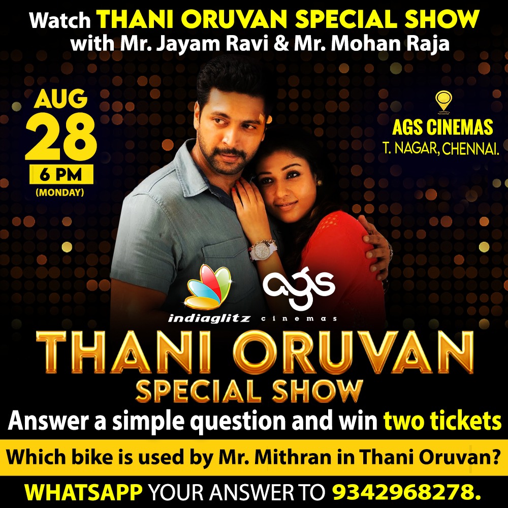 igtamil's tweet photo. Win a chance to Watch ThaniOrvan Special show with Jayam Ravi and Mohan Raja.
#ThaniOruvan #ThaniOruvan2 #JayamRavi #MohanRaja https://t.co/gMPqN3i7Z8