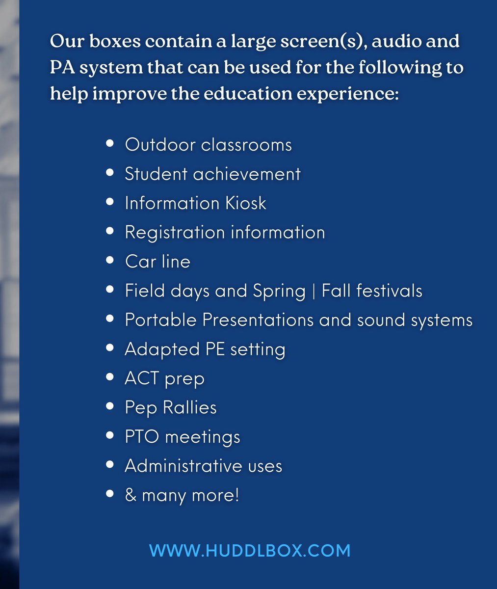 Every school needs a mobile TV system with audio to meet requirements for outdoor classroom readiness. Huddlboxes are portable and engineered specifically for schools. They are in outdoor classrooms and used at events, PTO meetings, pep rallies, and more.

#education #learning