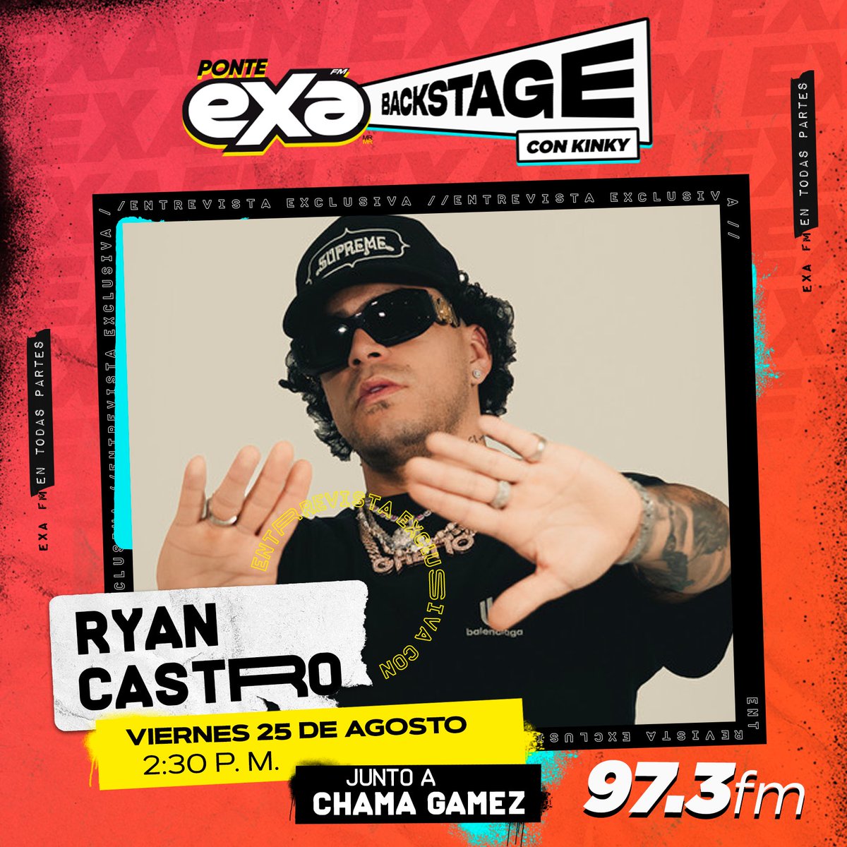 kinkycr's tweet photo. mañana no te pierdas a @ryancastrro en #ExaBackstage 🔥🤘🏻📻 ¡platicaremos de su nuevo single junto a @_PesoPluma! 
2:30 PM X @exafm973  @chamagamez_ #PesoPluma #RyanCastro https://t.co/0Qgzox8uMg