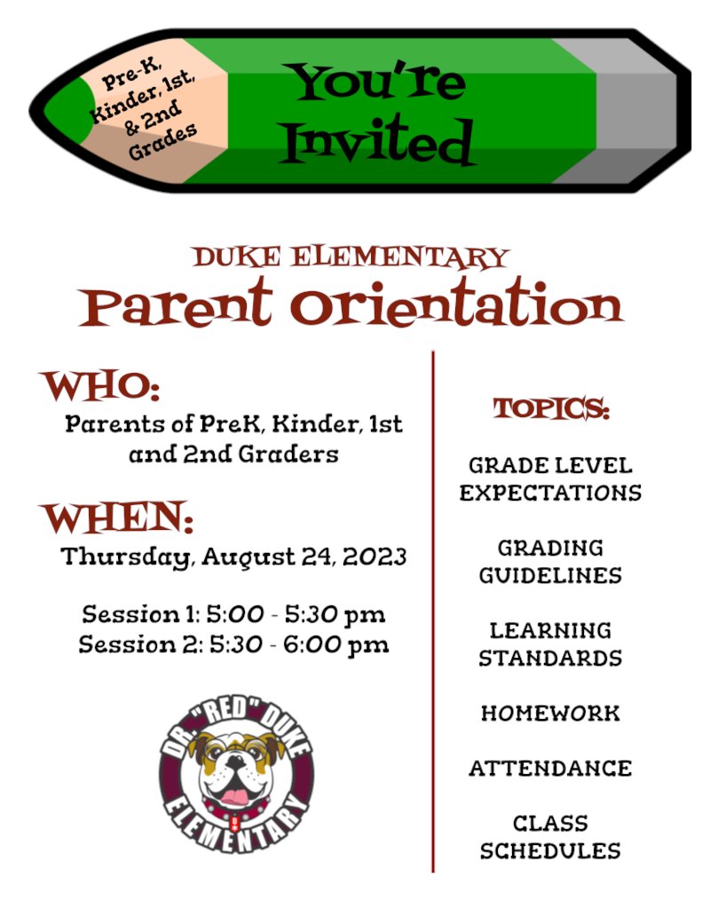Tonight, our PreK, Kinder, 1st, &amp; 2nd Grade parents are invited to join us for our Parent Orientations!  The 1st session wills tart at 5:00 and the 2nd session will begin at 5:30pm.  Plan to chose either session that works best for you!
