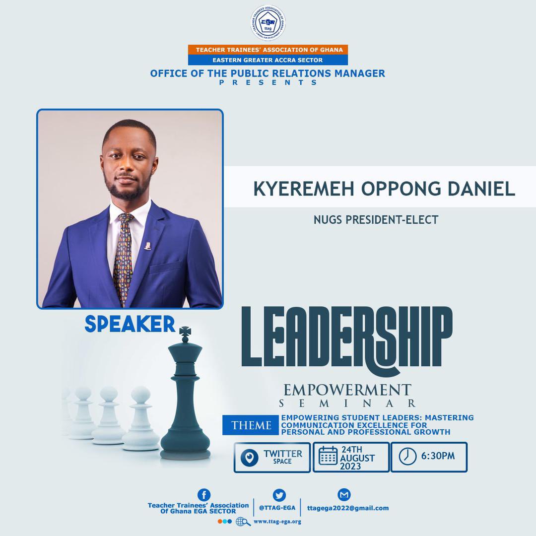 KOD_focus's tweet photo. Today August 24, 2023, I will be speaking at a Leadership Empowerment Seminar organized by the Teacher Trainees Association of Ghana, Eastern Greater Accra Sector (TTAG-EGA) under the auspices of the Public Relations Officer on the theme Empowering Student Leaders:
1/3 https://t.co/mBaIkStjCk