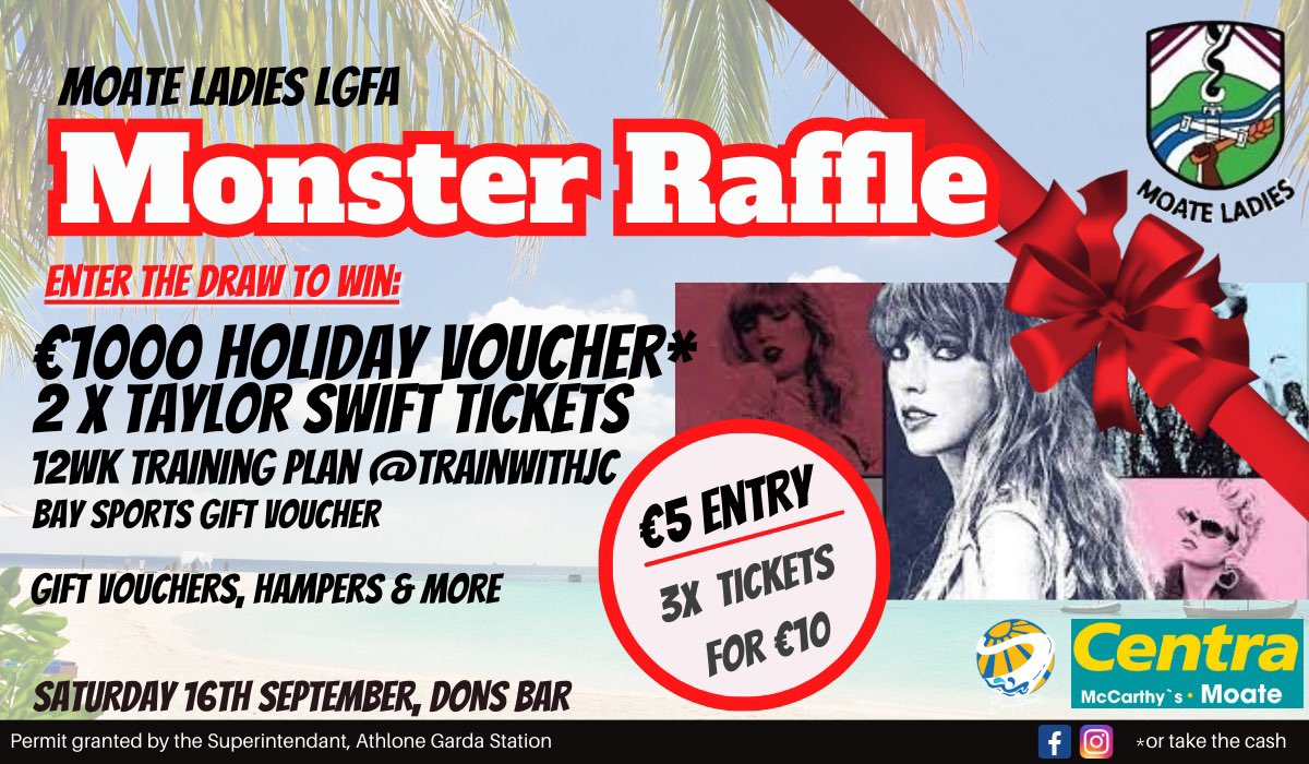 clairekillian's tweet photo. Moate LGFA’s Monster Raffle includes two #TaylorSwift #ErasTour #Dublin tickets as a top prize this year. See link below to buy tickets. All support appreciated! 

https://t.co/aWw3l4yP97 https://t.co/PtNJjsxnnf