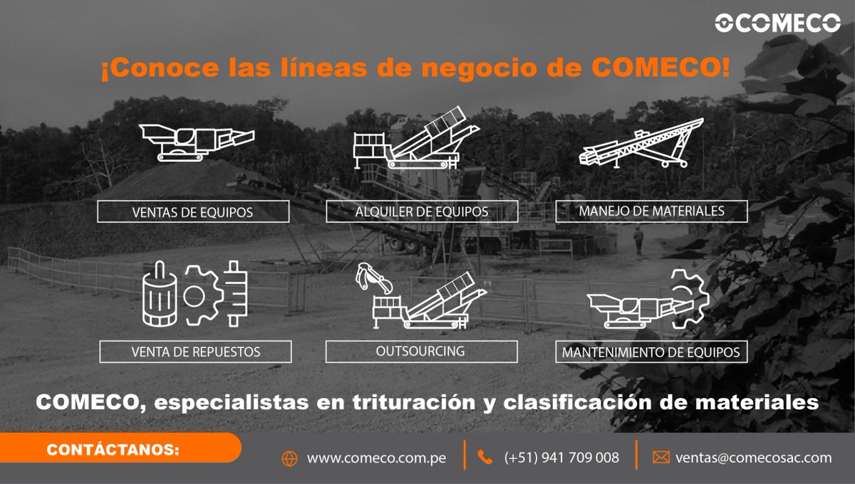 DiprominP's tweet image. ¡Conoce las líneas de negocio de COMECO!

#COMECO, especialistas en trituración y clasificación de materiales  
🌐 Conoce más sobre nosotros en nuestra web: comeco.com.pe 
📩 También puedes escribirnos a: ventas@comecosac.com

#mineria #construccion #comeco