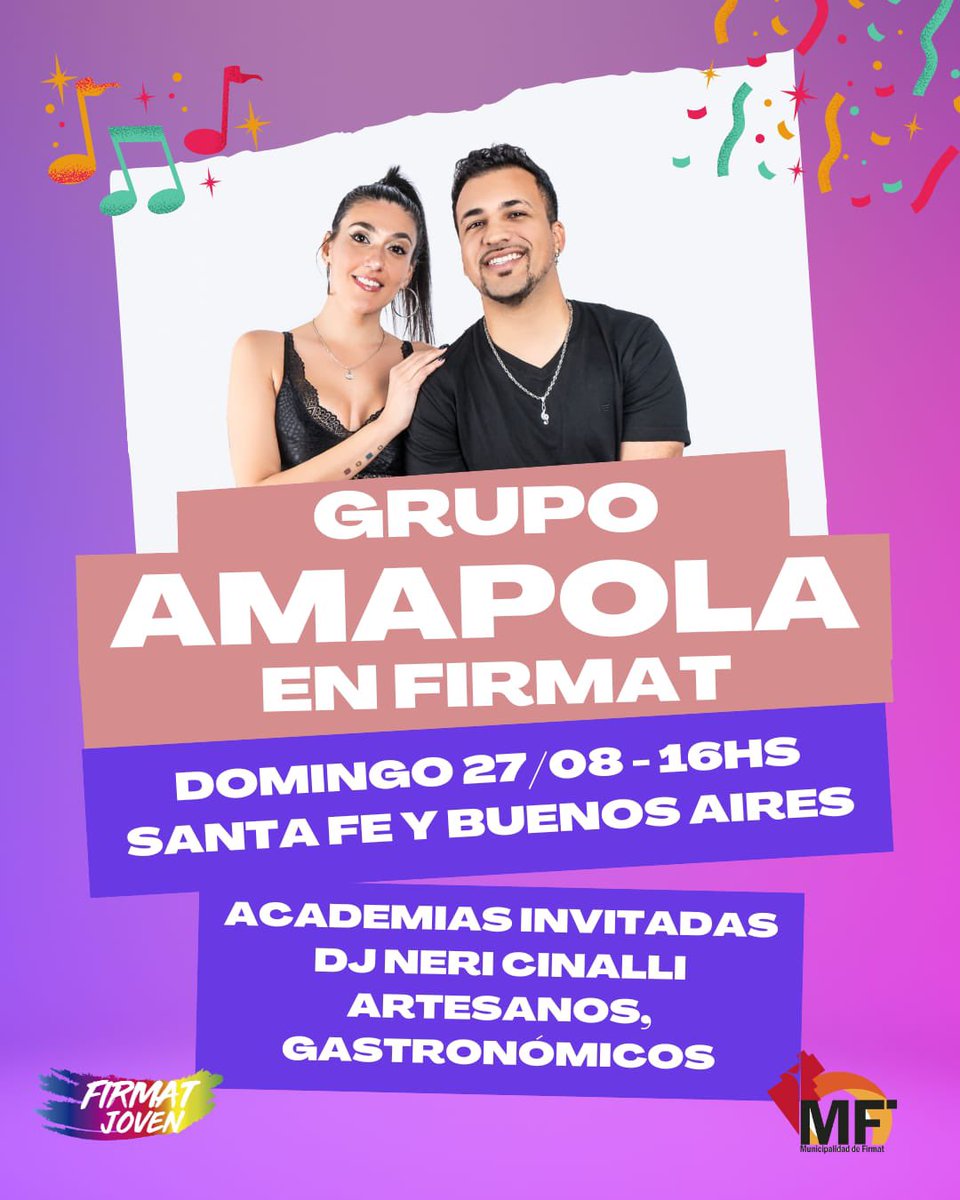 Amapola en Firmat 🎶🎧👏🏻🎊 este DOMINGO ☀️
Los esperamos en Santa Fe y Buenos Aires!!   🫶🏻