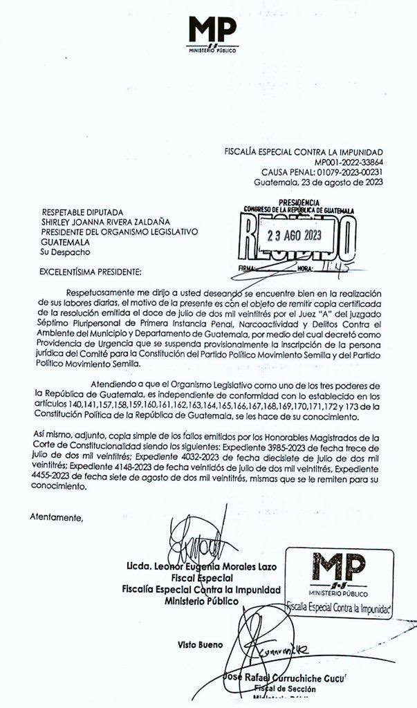 #Guatemala Ministerio Público remite al Congreso de la República y al Parlacen, #suspensión Judicial del #PartidoSemilla para que no tomen posesión los Diputados Electos.

Cortesía 📸