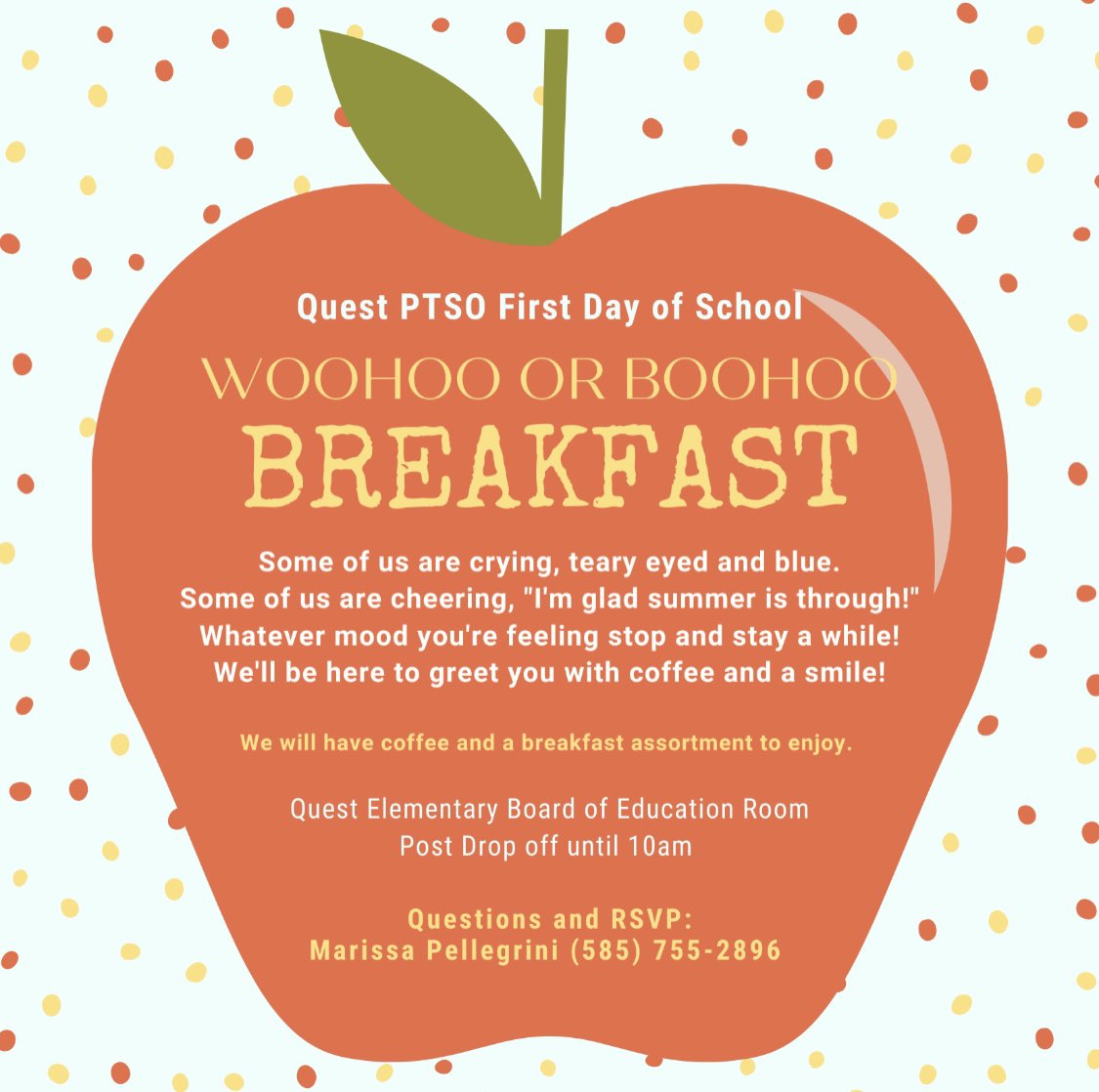 QuestPTSO's tweet photo. Wednesday 9/6 9-10am
Board of Education Room
🫖 🥐 ☕️  
*must have photo ID &amp; check in with security*
✏️ open to ALL parents/guardians of learners! https://t.co/nwYq5ADs5h