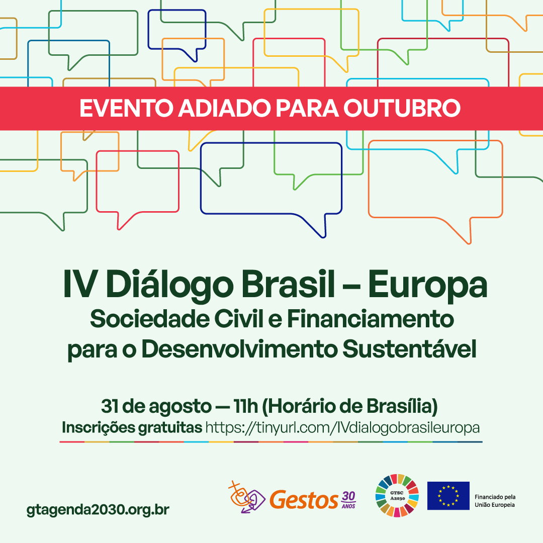 ⚡Atenção!⚡

O IV Diálogo Brasil Europa foi adiado para outubro.
Vamos realizar o encontro depois da Assembleia Geral da ONU, já trazendo as repercussões das discussões e os novos panoramas de financiamento para o desenvolvimento sustentável.
Em breve informaremos a nova data.