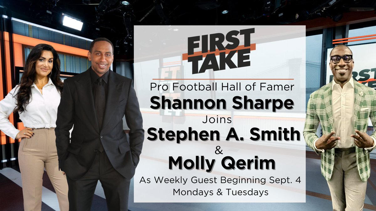 ESPNPR's tweet photo. Pro Football Hall of Famer &amp; 3x Super Bowl Champion @ShannonSharpe to join @FirstTake’s signature fall football guest lineup

Sharpe will join @stephenasmith &amp; @MollyQerim every Monday &amp; Tuesday

Sharpe's #FirstTake Debut:
🏈Monday, Sept. 4 | 10a ET

🔗https://t.co/iwEhlFK4Xy https://t.co/aCmm3Zo8oY
