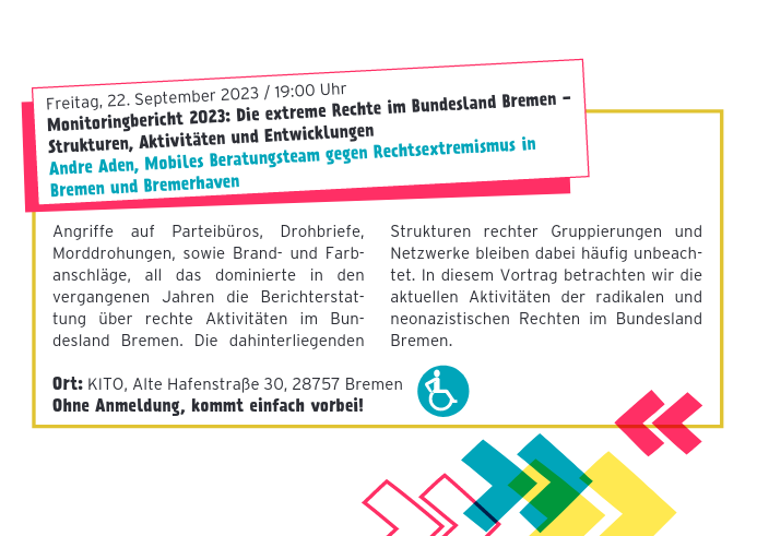 Am 22.09. geben wir im KITO mit unserem 'Monitoringbericht 2023' einen Einblick in Strukturen, Aktivitäten und Entwicklungen rund um die #extremeRechte in #Bremen.