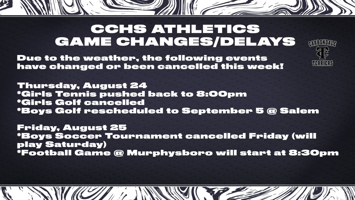 CCHS Athletics would like to communicate changes in the athletic schedule for this week due to the heat.  We will continue to keep our student-athletes safe.  @cchs165