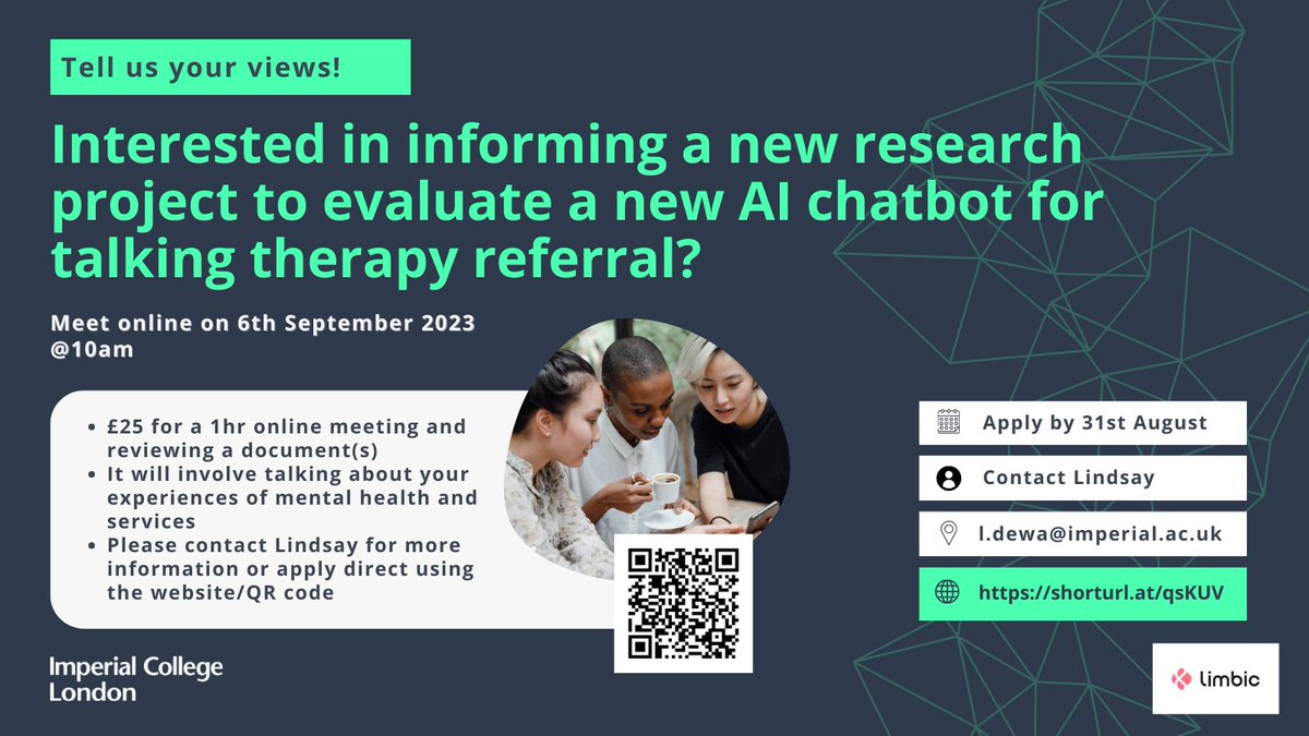 🗣️New opportunity to inform research! 

👤Experience of #mentalhealth difficulties?
👩‍⚕️Accessed care for mental health? 
🧐Aged 18-65?

Also interested in #ArtificialIntelligence? We need 4 people to inform our proposal. 
Apply by 31st August 11pm👇

shorturl.at/qsKUV