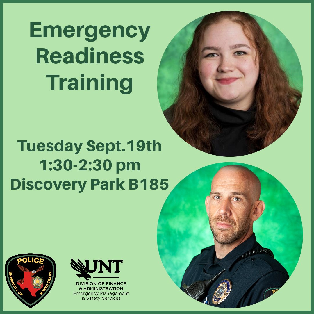 Hey @DPLife_UNT  ! We are bringing a class just for you! Please join us for Emergency Readiness Training where we cover everything from everything from weather and medical emergencies to campus safety and active shooter response!