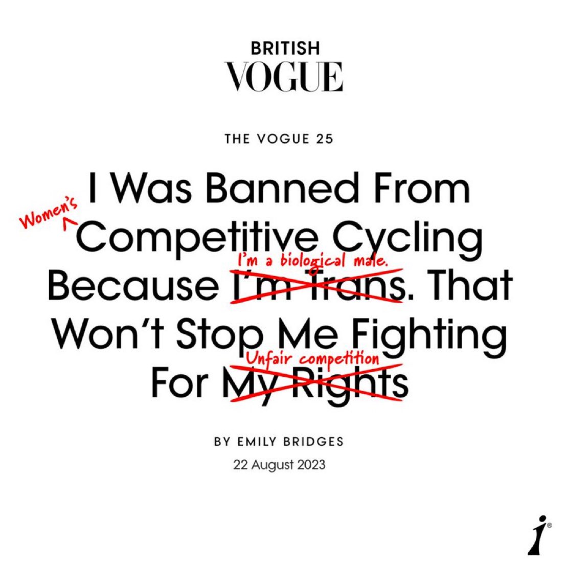 We need to stop allowing them to push the narrative that anyone is being banned from sports. Asking for fairness and sports for females only is not “banning” anyone. Having unfair competition is not a right.