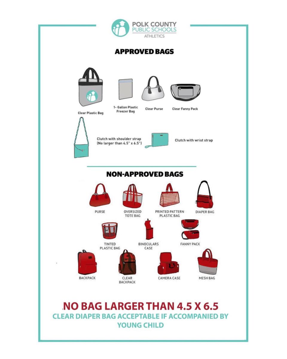 As sporting events are starting back up, please be reminded of the bag policy as outlined by @PolkSchoolsNews. Any person who arrives at the gate with an un-approved bag will have to return their bag to their vehicle before entering.