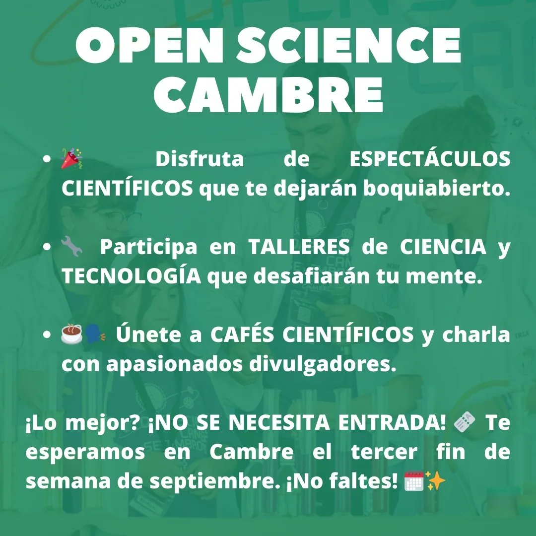 openscience_'s tweet photo. ✨🔬 ¡No te pierdas #OSC2023! 🚀 Abierto a todas las edades

🌍 Proyectos ESCUELAS INTERNACIONALES

🧠 Ciencia con EXPERTOS

🎉 ESPECTÁCULOS CIENTÍFICOS

🔧 TALLERES para todas las mentes.

☕🗣️ CAFÉS CIENTÍFICOS y charla con apasionados divulgadores.

¡ENTRADA GRATUITA! 🎫 https://t.co/owYkVNfaZM