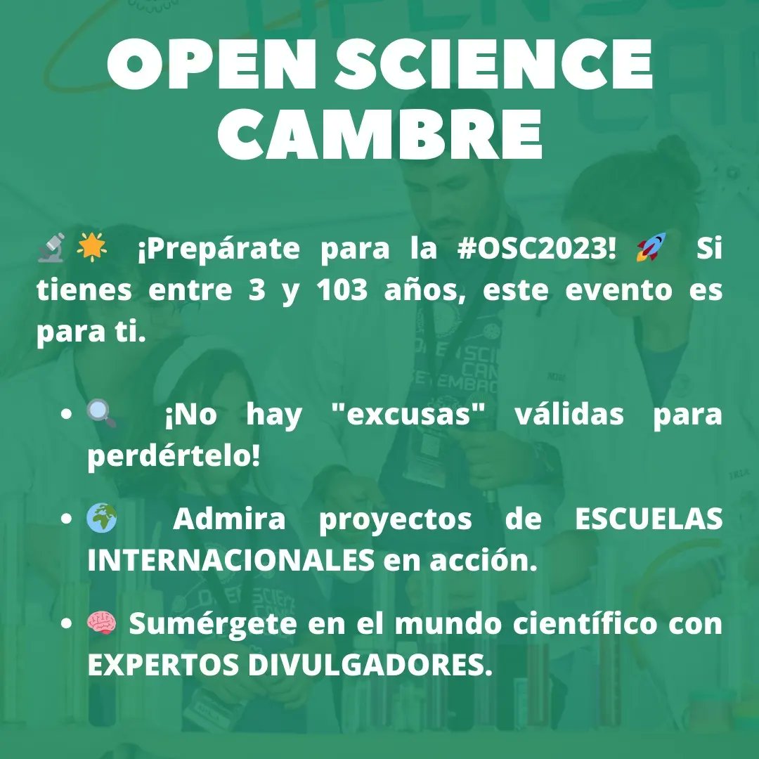 openscience_'s tweet photo. ✨🔬 ¡No te pierdas #OSC2023! 🚀 Abierto a todas las edades

🌍 Proyectos ESCUELAS INTERNACIONALES

🧠 Ciencia con EXPERTOS

🎉 ESPECTÁCULOS CIENTÍFICOS

🔧 TALLERES para todas las mentes.

☕🗣️ CAFÉS CIENTÍFICOS y charla con apasionados divulgadores.

¡ENTRADA GRATUITA! 🎫 https://t.co/owYkVNfaZM