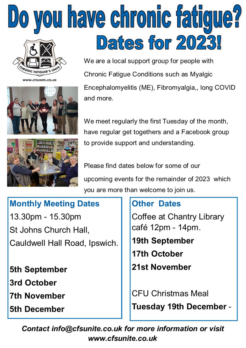 CFSUnite's tweet image. After a break we are back. been busy today making a poster with dates for our monthly meeting, coffee mornings which I have attached for you to look at and book the dates in if possible. Also updated the website pages with our upcoming events - cfsunite.co.uk/upcoming-events