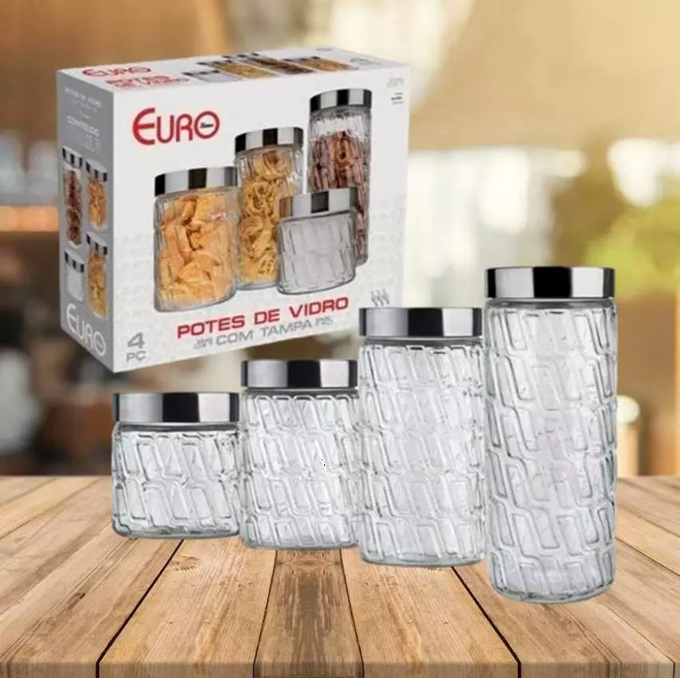 Conjunto com 4 potes de Vidro Mosaico Tampa Inox, VDR2089-4, Euro Home