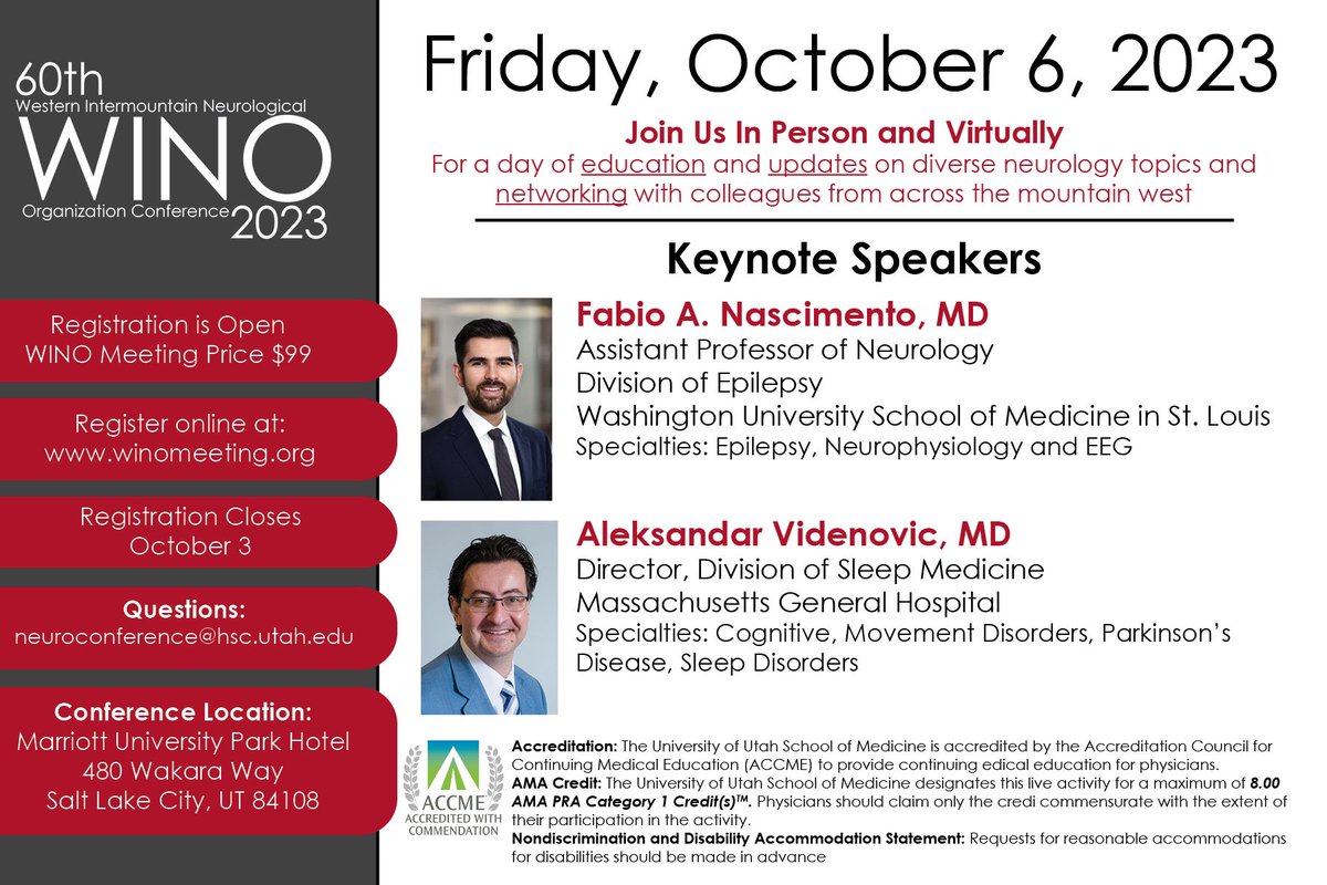 StaceyLClardy's tweet photo. 📣 The 60th Western Intermountain Neurological Organization meeting is coming up! Join in person to meet or catch up with colleagues, or online! Open to trainees as well - the meeting is always an incredibly comprehensive #Neurology update 🧠 Register now: https://t.co/Z11c1F46JQ https://t.co/aEWIFqGxRZ