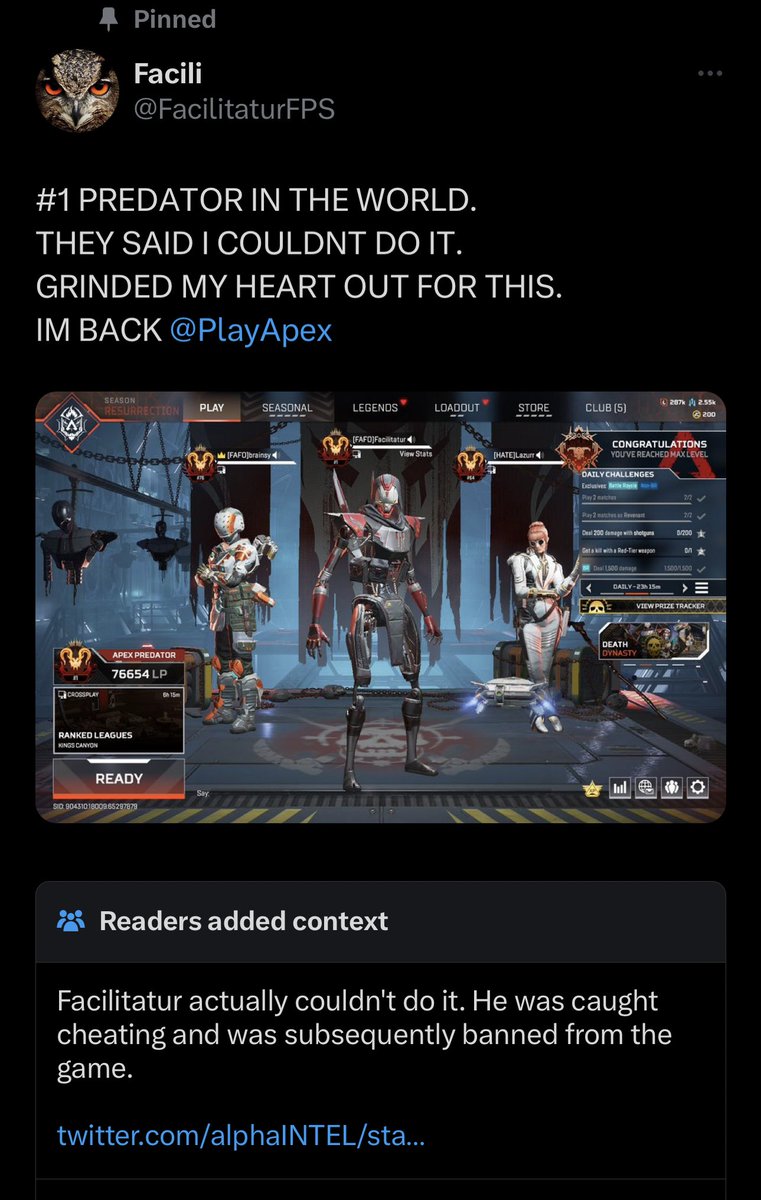 ModernWarzone's tweet photo. The number 1 ranked Apex Predator player in the world was banned live on their stream mid match for cheating. 

FacilitaturFPS then had his tweet boasting about being the #1 ranked in the world hit with with twitter’s community notes.

“Facilitatur actually couldn’t do it.” 💀 https://t.co/XK5KocsesD