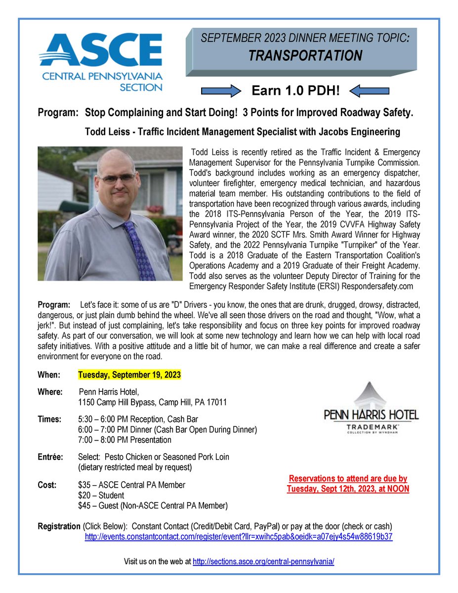 ASCECentralPA's tweet photo. Join ASCE Central PA for our September Dinner meeting on Tuesday, September 19, 2023 at the Penn Harris Hotel. Todd Leiss will be be our presenter for the evening. Please use the link below to sign up.
https://t.co/zPolqTel2k https://t.co/i10MinQnZ2
